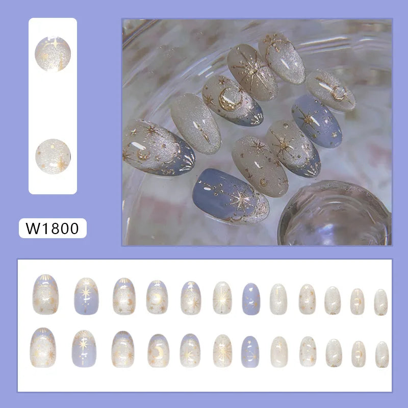 Sweet Almond Gradient Blue French Press On Nails - 24pcs Y2K Star Art