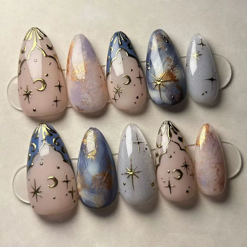 Sweet Almond Gradient Blue French Press On Nails - 24pcs Y2K Star Art