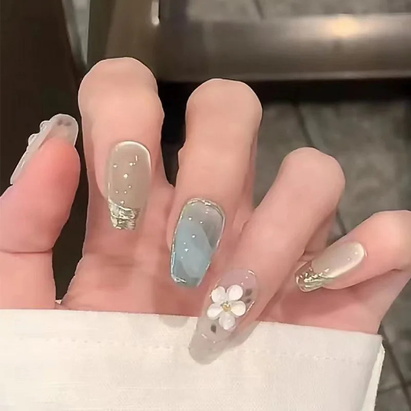 Sweet Almond Gradient Blue French Press On Nails - 24pcs Y2K Star Art
