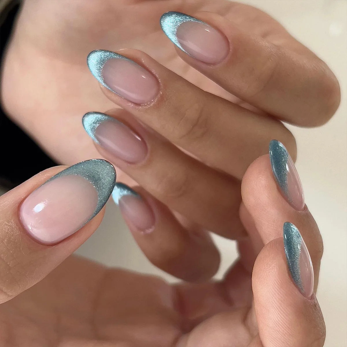 Sweet Almond Gradient Blue French Press On Nails - 24pcs Y2K Star Art