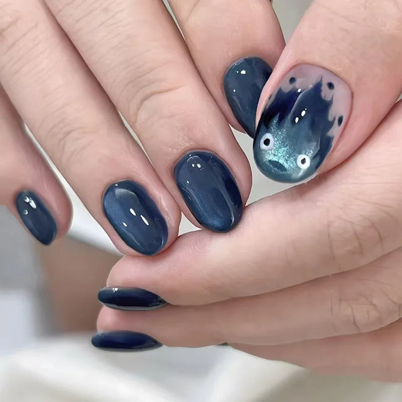 Sweet Almond Gradient Blue French Press On Nails - 24pcs Y2K Star Art