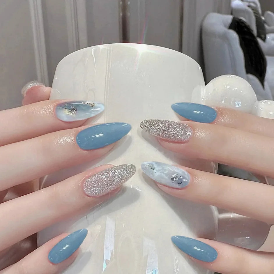 Sweet Almond Gradient Blue French Press On Nails - 24pcs Y2K Star Art