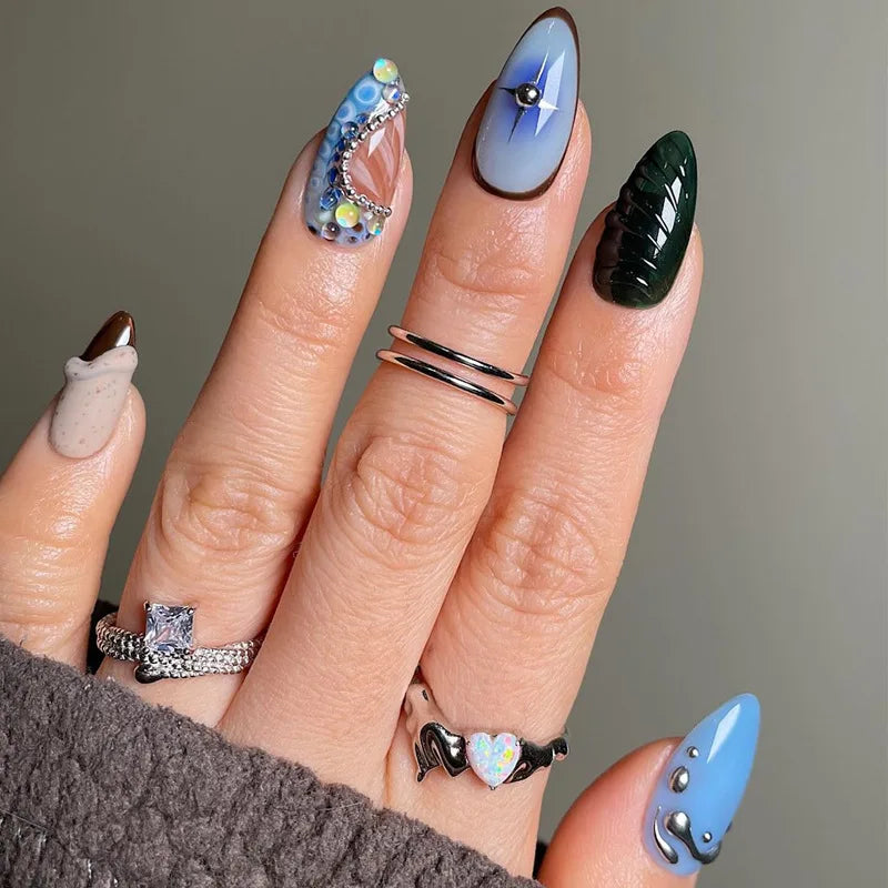 Sweet Almond Gradient Blue French Press On Nails - 24pcs Y2K Star Art