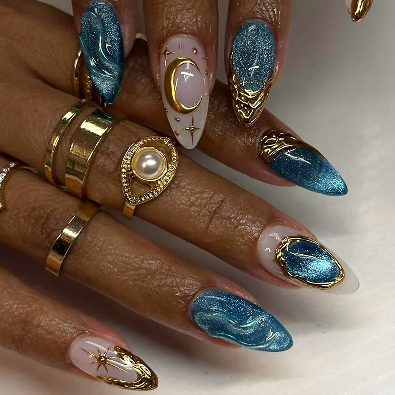 Sweet Almond Gradient Blue French Press On Nails - 24pcs Y2K Star Art