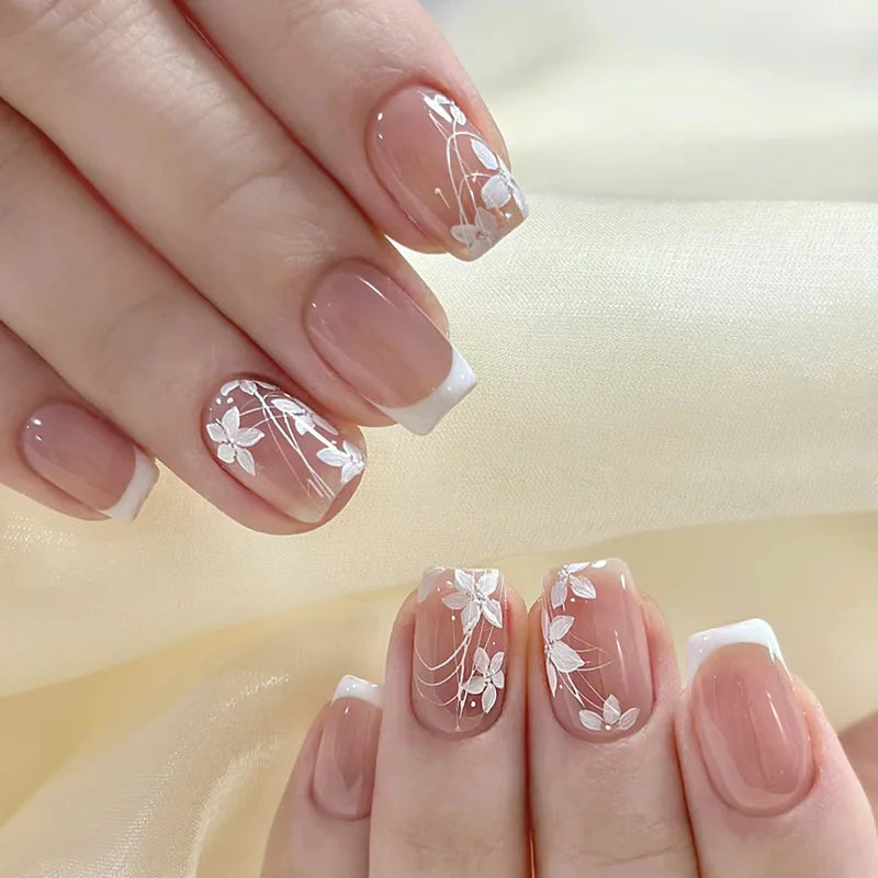 Sweet Almond Gradient Blue French Press On Nails - 24pcs Y2K Star Art