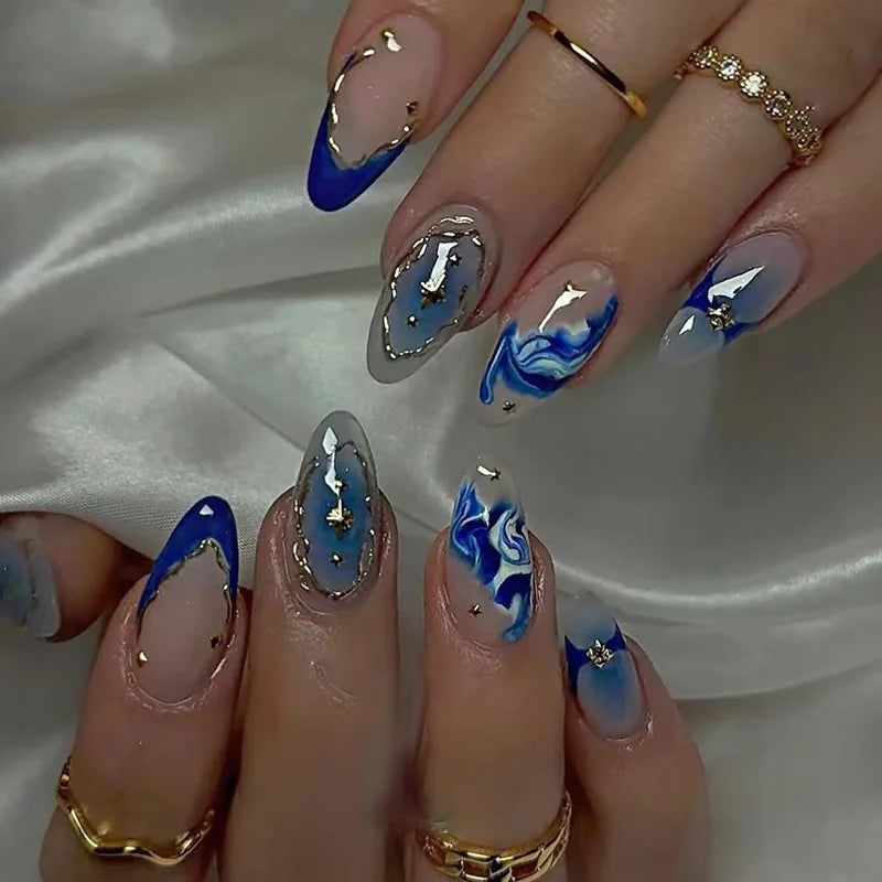 Sweet Almond Gradient Blue French Press On Nails - 24pcs Y2K Star Art