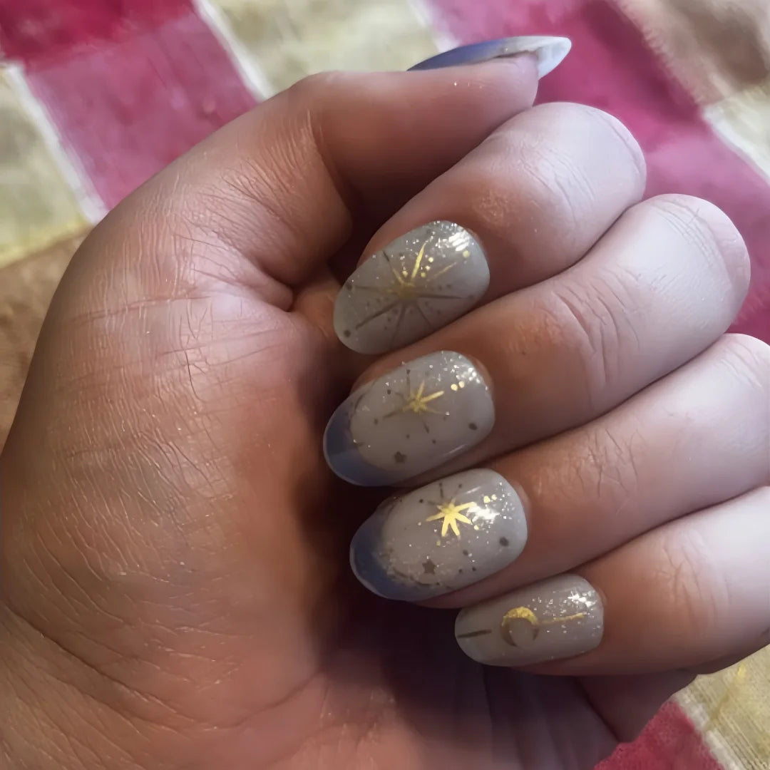 Sweet Almond Gradient Blue French Press On Nails - 24pcs Y2K Star Art