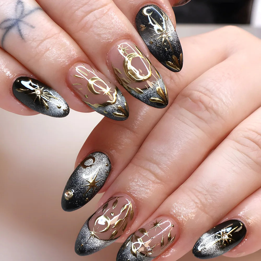 Sweet Almond Gradient Blue French Press On Nails - 24pcs Y2K Star Art