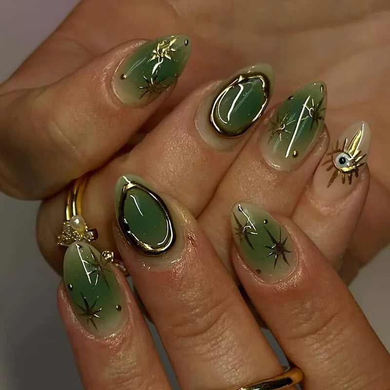 Sweet Almond Gradient Blue French Press On Nails - 24pcs Y2K Star Art