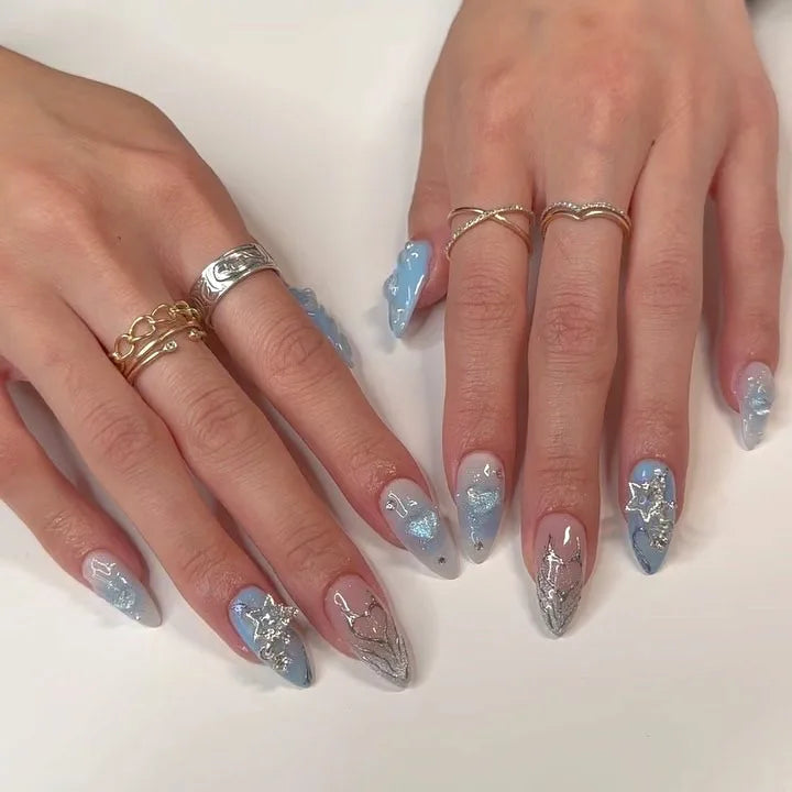 Sweet Almond Gradient Blue French Press On Nails - 24pcs Y2K Star Art