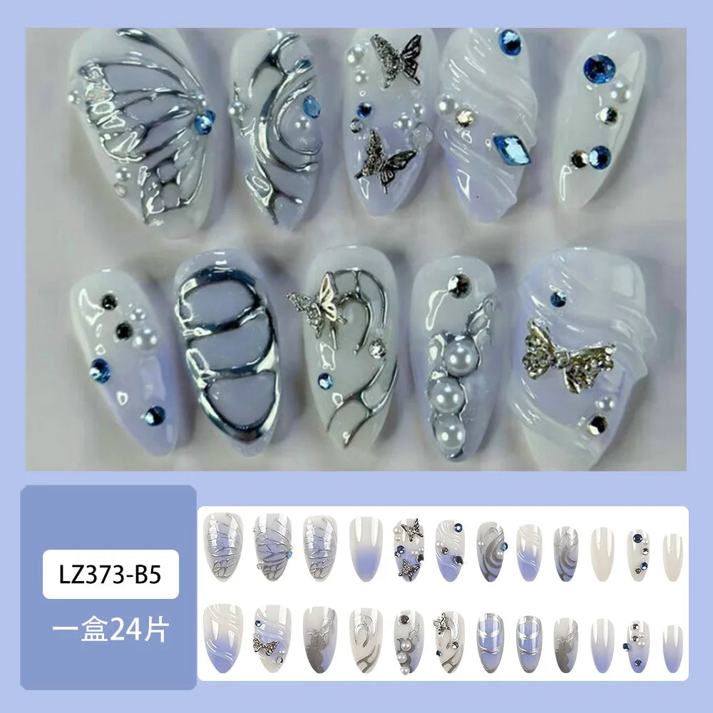 Sweet Almond Gradient Blue French Press On Nails - 24pcs Y2K Star Art