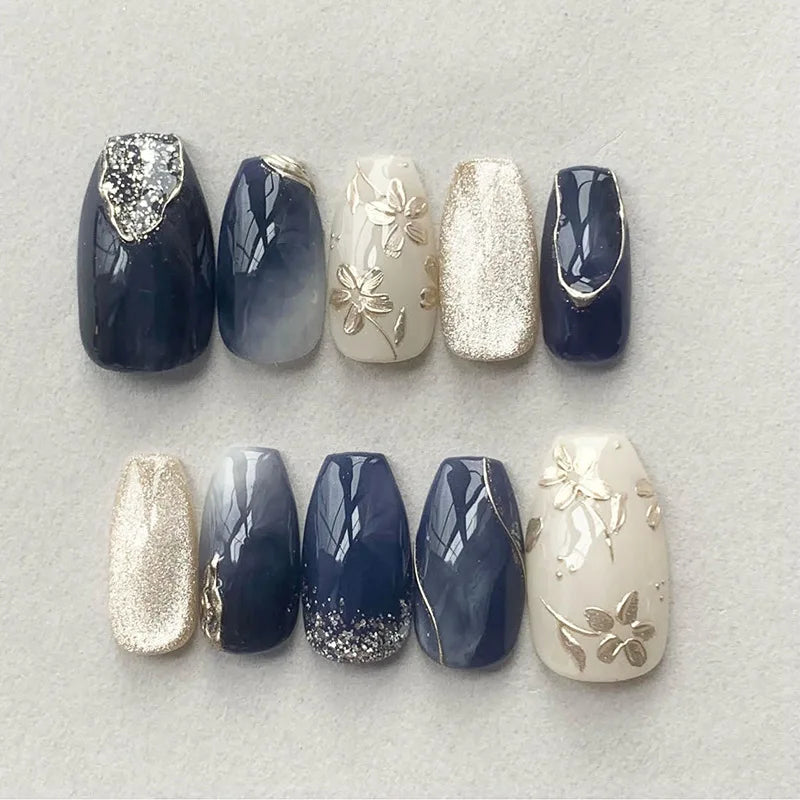 Sweet Almond Gradient Blue French Press On Nails - 24pcs Y2K Star Art