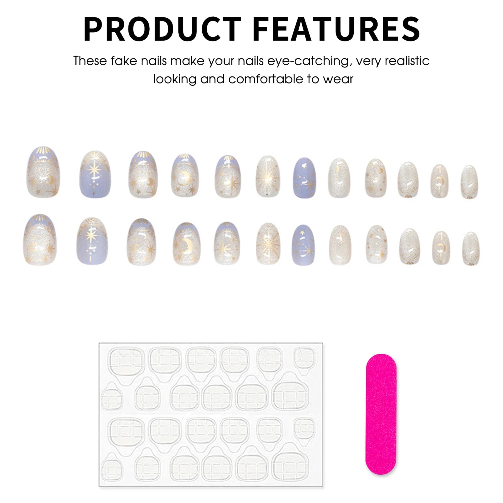 Sweet Almond Gradient Blue French Press On Nails - 24pcs Y2K Star Art
