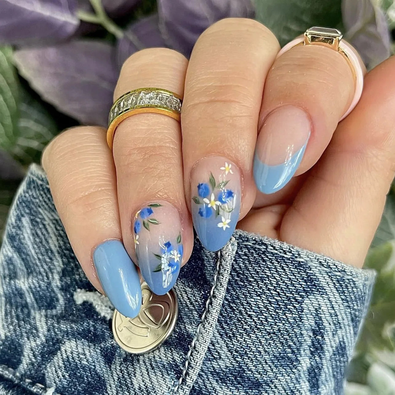 Sweet Almond Gradient Blue French Press On Nails - 24pcs Y2K Star Art