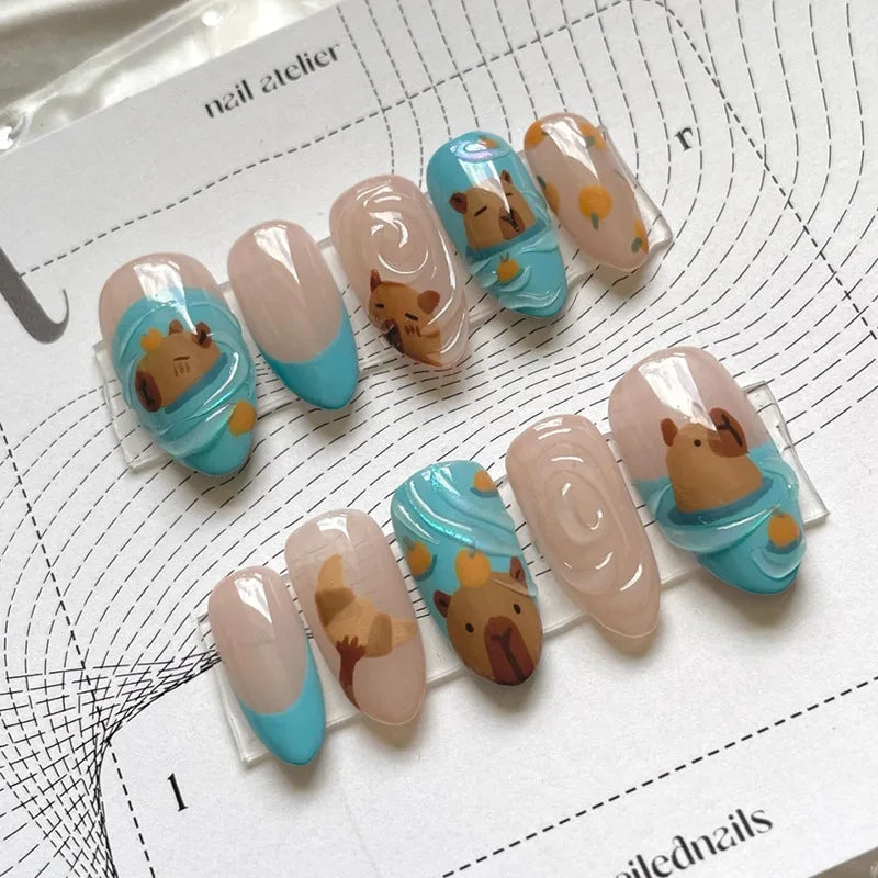 Sweet Almond Gradient Blue French Press On Nails - 24pcs Y2K Star Art