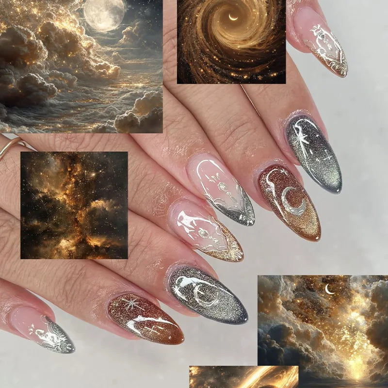 Sweet Almond Gradient Blue French Press On Nails - 24pcs Y2K Star Art