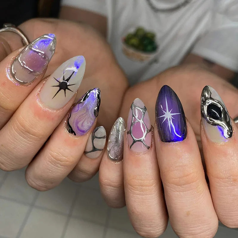 Sweet Almond Gradient Blue French Press On Nails - 24pcs Y2K Star Art