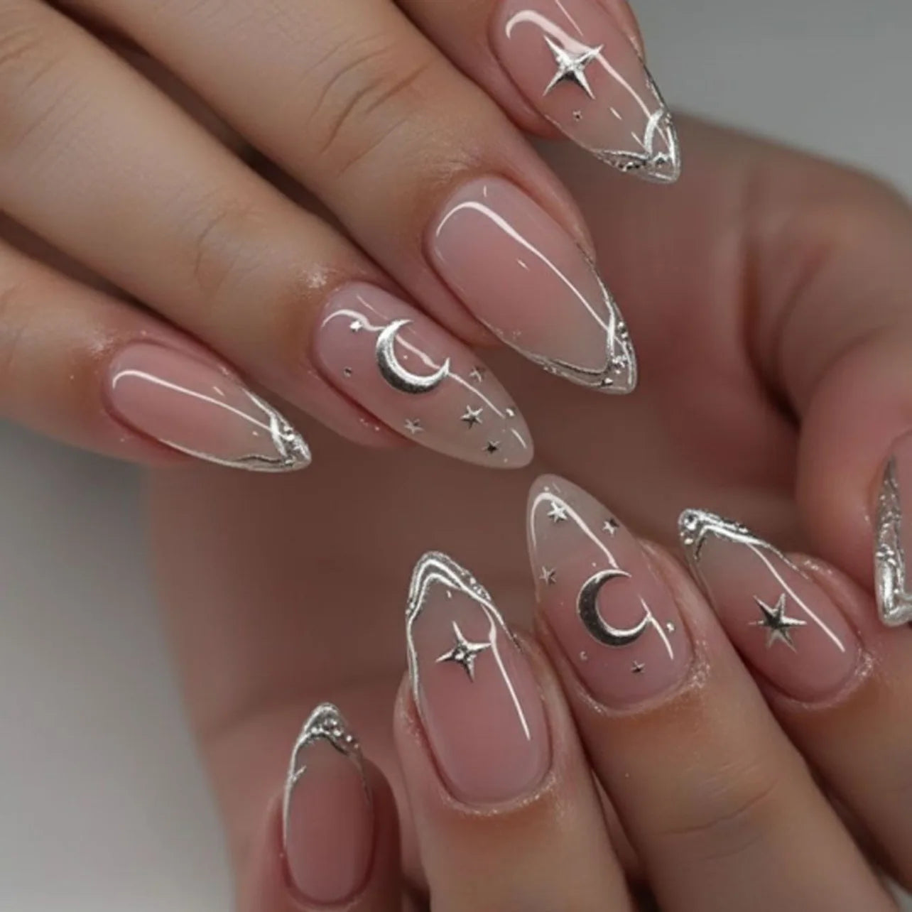 Sweet Almond Gradient Blue French Press On Nails - 24pcs Y2K Star Art