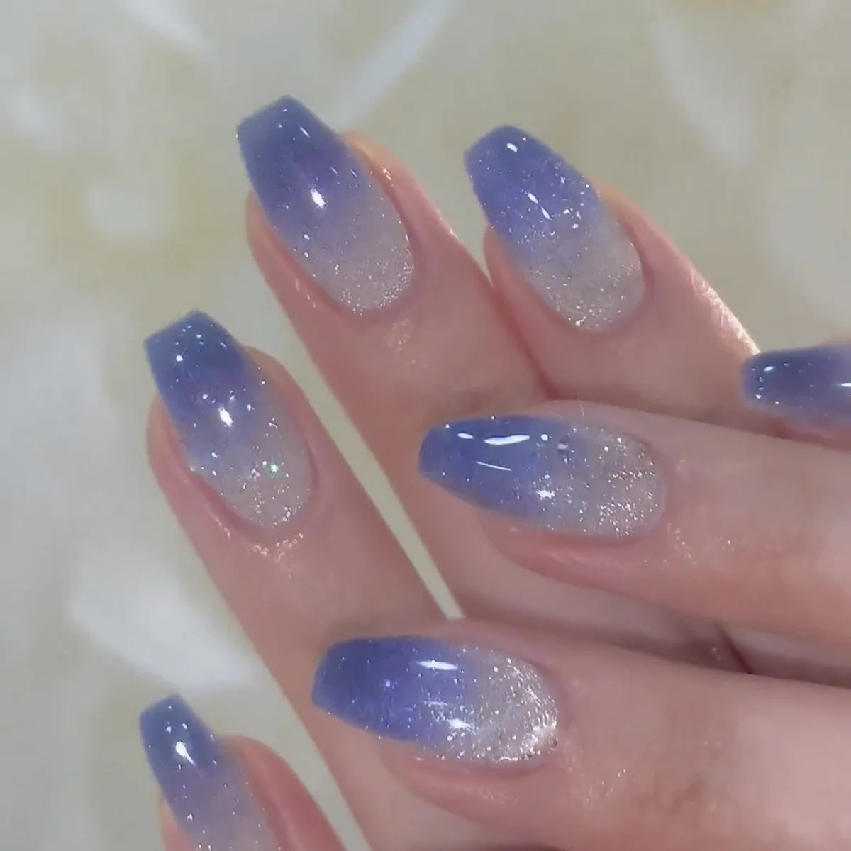 Sweet Almond Gradient Blue French Press On Nails - 24pcs Y2K Star Art