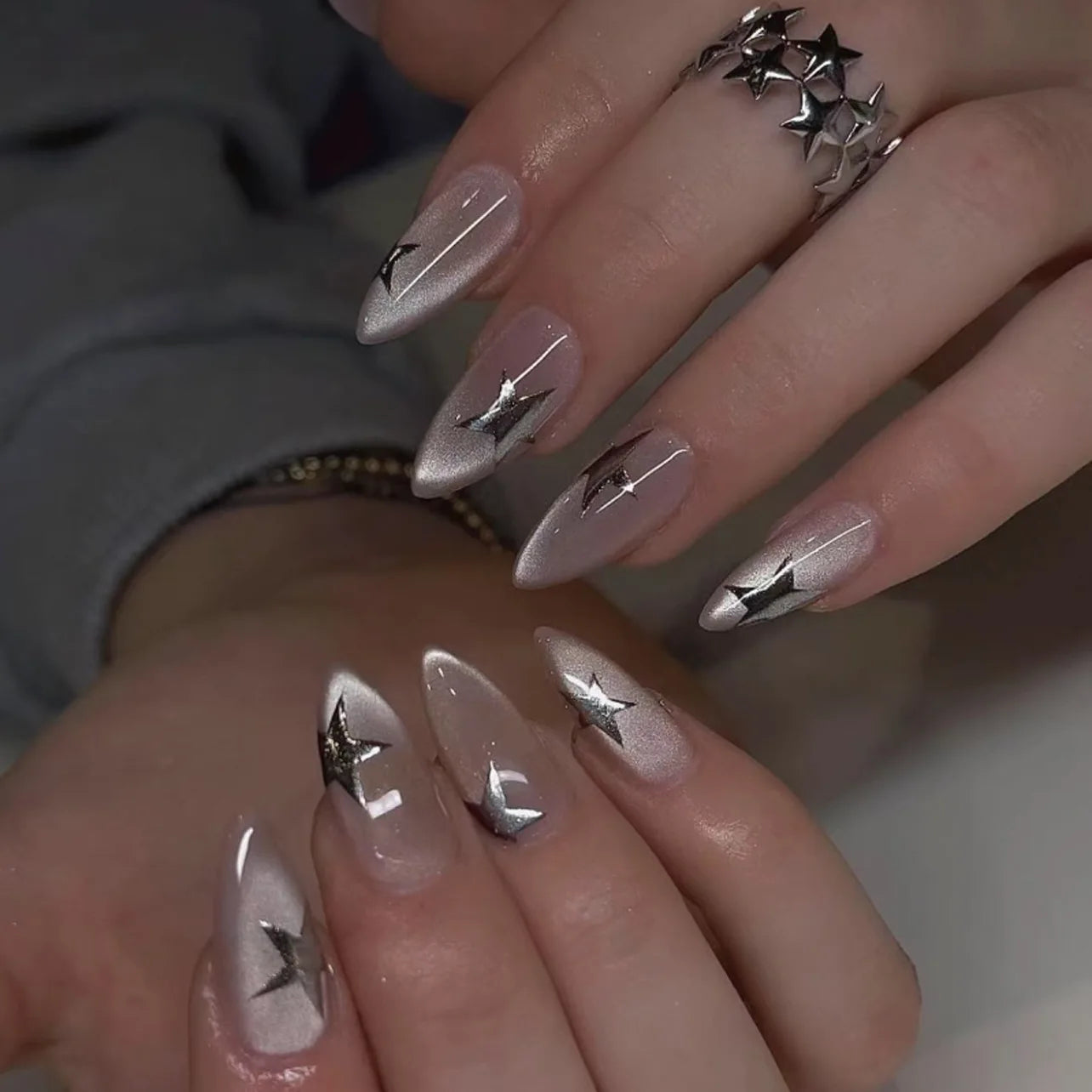 Sweet Almond Gradient Blue French Press On Nails - 24pcs Y2K Star Art