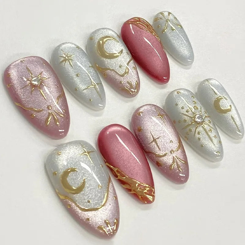 Sweet Almond Gradient Blue French Press On Nails - 24pcs Y2K Star Art