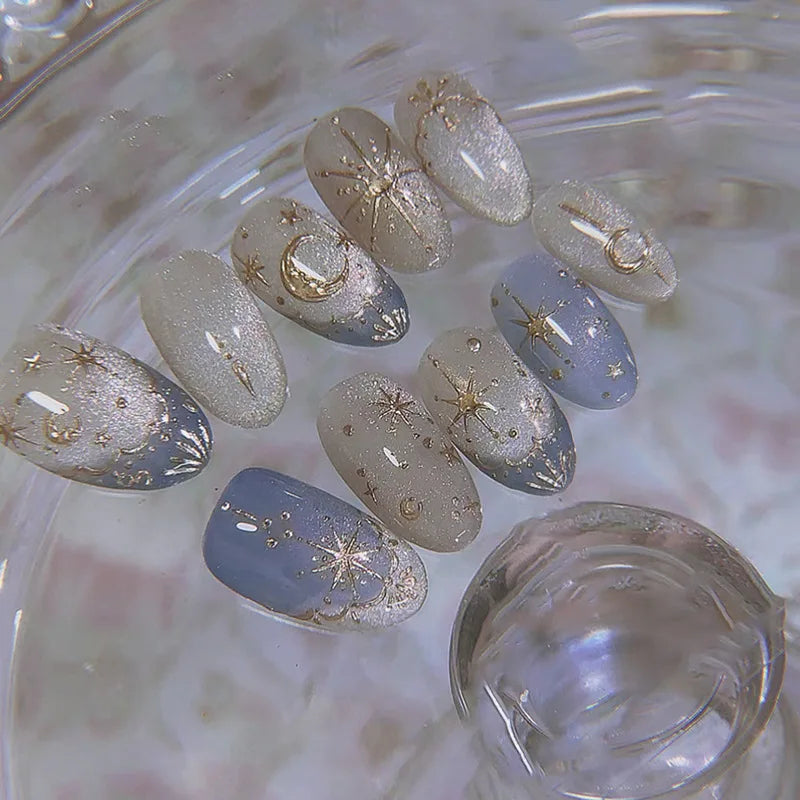 Sweet Almond Gradient Blue French Press On Nails - 24pcs Y2K Star Art