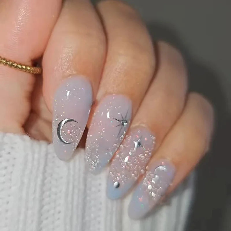 Sweet Almond Gradient Blue French Press On Nails - 24pcs Y2K Star Art