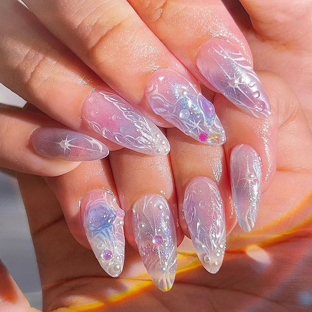 Sweet Almond Gradient Blue French Press On Nails - 24pcs Y2K Star Art