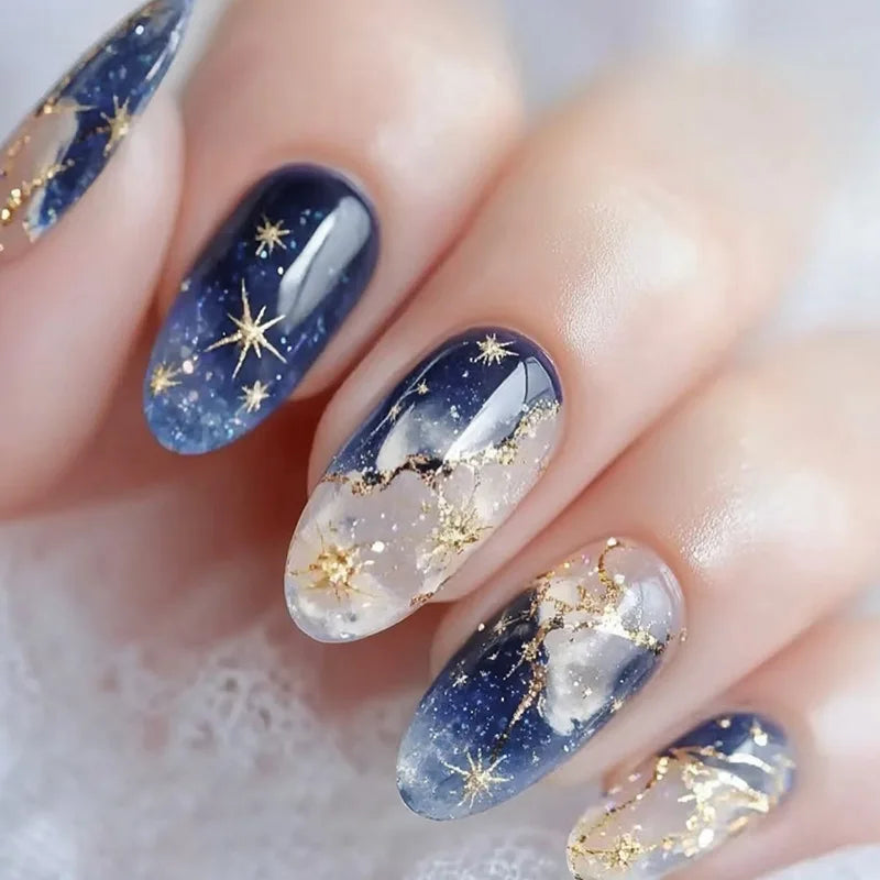 Sweet Almond Gradient Blue French Press On Nails - 24pcs Y2K Star Art